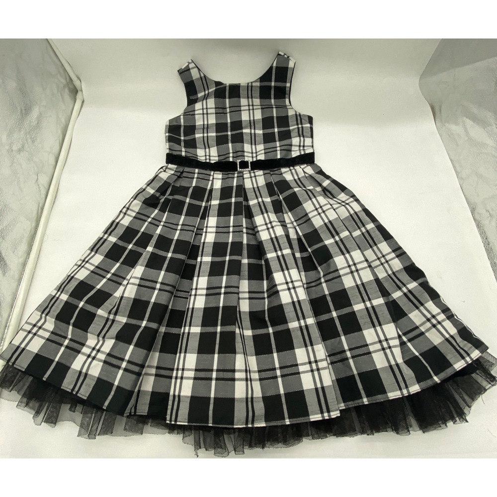Jenny & Me Girls Black White Plaid Holiday Party Dress Velvet Rhinestone Buckle